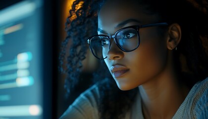 IT security threats managed by African American female developer in focused office scene.