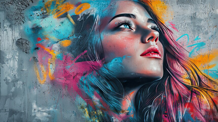 portrait of a person with painted face on a gray wall graffiti-style