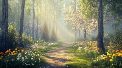 Naklejka premium Sunbeams illuminate a path through a misty forest with blooming trees and wildflowers.