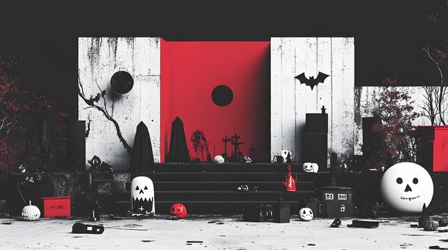 Spooky Halloween-themed set with red and black decor, featuring pumpkins and eerie elements.