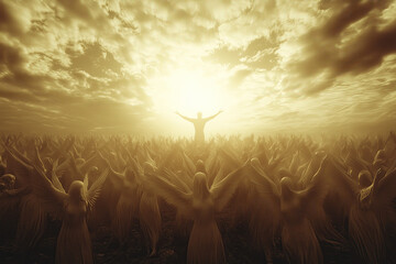 fantasy art, angel army, man silhouette standing in the middle of the crowd with arms outstretched, gright golden light shining from behind, surreal, photorealistic