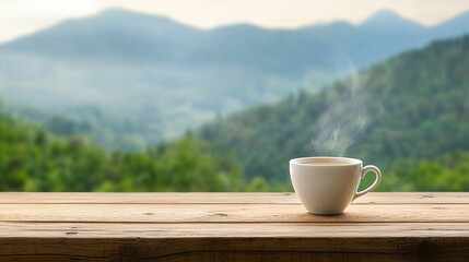A steaming cup of coffee sits on a wooden table, with a serene mountain landscape in the background, evoking a sense of peace and tranquility.
