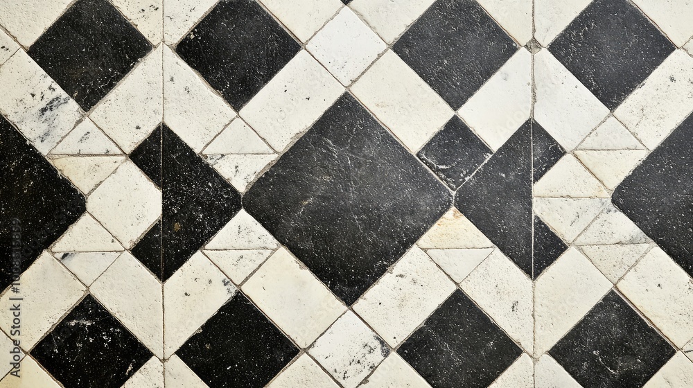 Poster diamond-shaped tiles featuring small, repeating checkerboard patterns in black and white, creating a