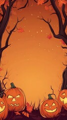Spooky Halloween Pumpkin Silhouettes in Mystical Autumn Forest Landscape Background for Holiday