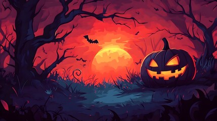 Fototapeta premium Eerie Pumpkin and Bats in the Haunting Halloween Forest Landscape