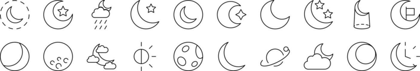 The Moon and Crescent Bundle of Thin Icons. Editable Stroke. Suitable for Web Sites, Books, Cards, Apps