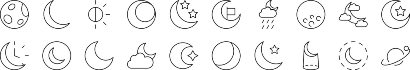 The Moon and Crescent Related Line Icons for Web Sites, Books, Cards, Apps. Editable Stroke. Suitable for Web Sites, Books, Cards, Apps