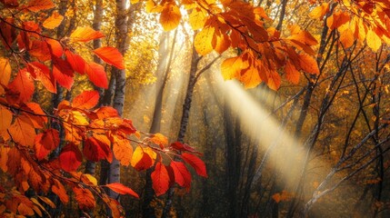 Sunbeams shining through autumn leaves in a forest.