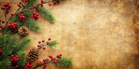 A rustic background with pine boughs and red berries, perfect for holiday greetings or festive announcements.