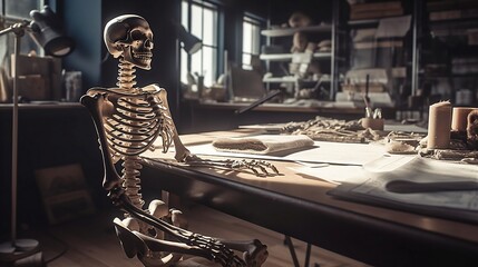 The skeletal model occupies a prominent spot on the table, which is cluttered with anatomical sketches and art materials in a study bathed in soft light. Generative AI