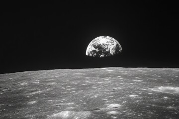 Earthrise from the moon's surface, against a black background.