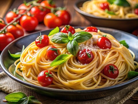 Elegant Italian Spago Pasta Dish Garnished with Fresh Basil, Parmesan Cheese, and Cherry Tomatoes