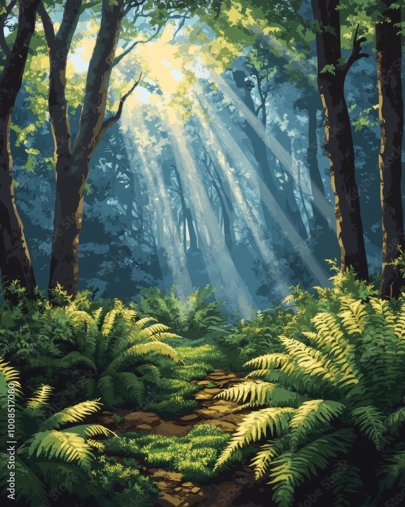 Poster sunbeams stream through a lush forest, illuminating a path through the ferns.