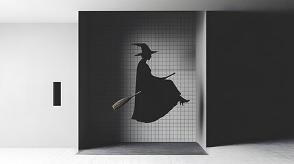 Silhouette of a witch flying on a broomstick in a modern interior setting.