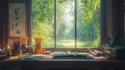 A tranquil yogia??s space with a desk full of incense and mats, a window view of a forest with a serene clearing, and the calming sound of meditative lo-fi music.