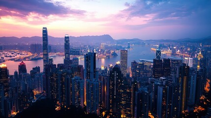 Fototapeta premium A twilight scene with skyscrapers illuminated by city lights, creating a vibrant and dynamic cityscape