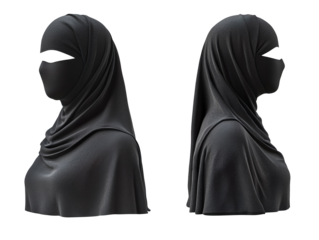 Blank black female niqab mockup, front and side view isolated on transparent background