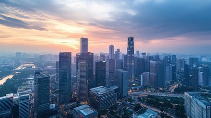 Fototapeta premium An aerial view of central business district, dominated by tall skyscrapers and modern architecture