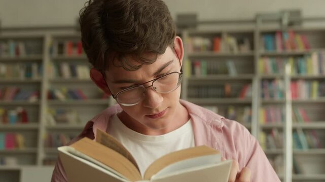 Caucasian teen boy schoolboy student concentrated guy clever male pupil son man teenager glasses reading book read literature studying learning in school university academy college library education