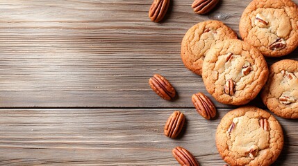 Freshly baked pecan cookies arranged on a rustic wooden table, with pecans scattered around, ample copy space for text, high-end magazine photography, deep depth of field, Product photography with