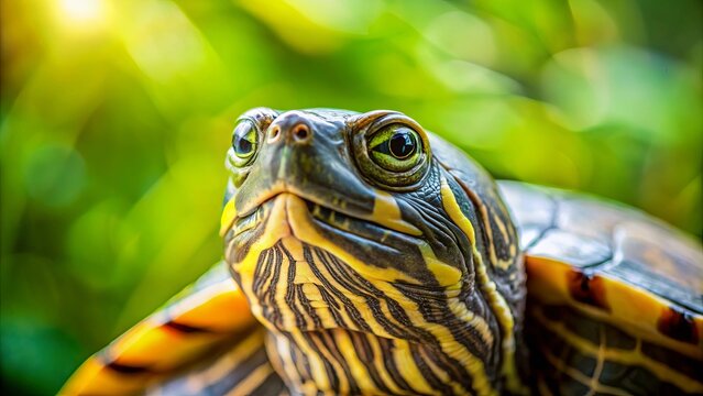 A Close-up of a Turtle's Head with a Patterned Shell,  Looking Directly at the Viewer, Against a Green Background with a Blurry Effect