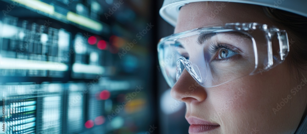 Poster focused engineer in safety glasses analyzing data on a digital interface, showcasing expertise in te