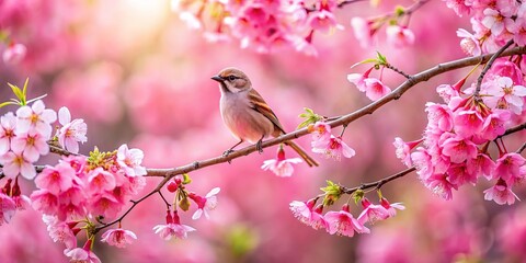 A small bird perched on a delicate branch amidst a vibrant display of blossoming pink flowers, a symphony of nature's beauty