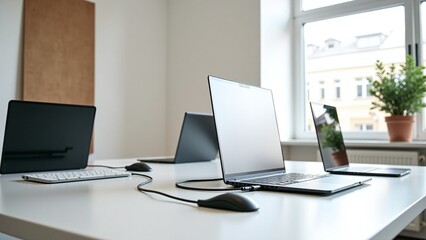 Fototapeta premium Modern workspace featuring several laptops and indoor plants during daylight hours for enhanced productivity and collaboration