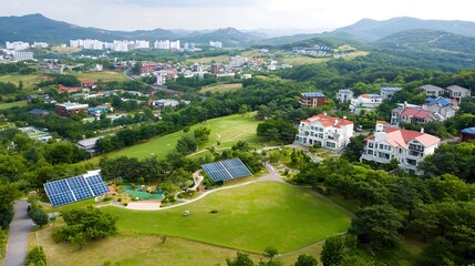 Fototapeta premium Aerial view of a green city with parks and solar panels on buildings, plenty of space for advertising copy, high-end magazine photography, deep depth of field, Product photography with high