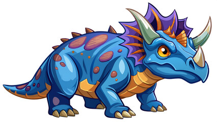 
A blue and purple dinosaur with horns stands on a white background
