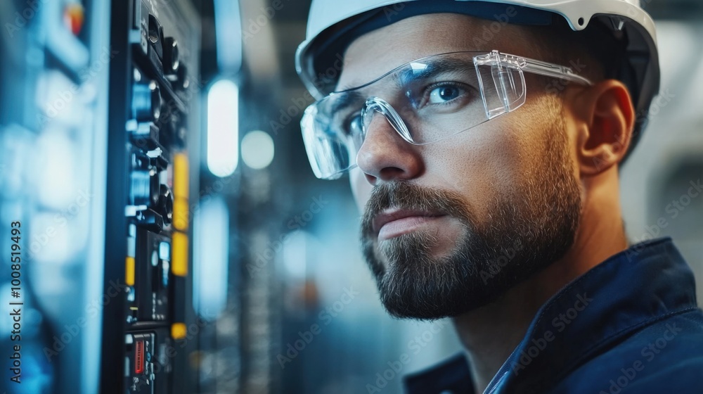 Poster a focused engineer in a safety helmet and goggles inspecting control panel with advanced technology 