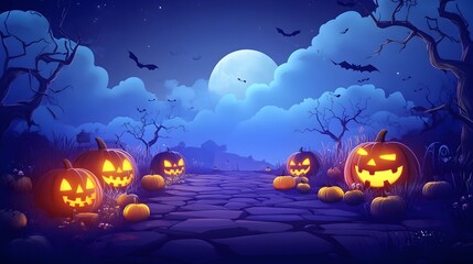 Fototapeta premium Spooky Halloween Night with Glowing Jack o Lanterns and Haunting Bats in a Mysterious Forest Landscape