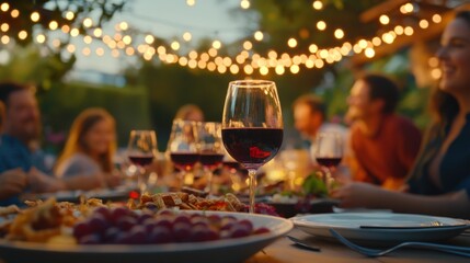 A vibrant outdoor dinner scene featuring wine, delicious food, and twinkling lights, capturing the essence of togetherness.