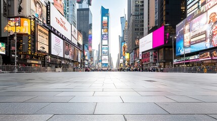 Fototapeta premium Street-level view of Times Square at night, bright neon lights and busy atmosphere, space for text in the foreground, high-end magazine photography, deep depth of field, Product photography with high