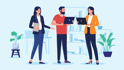 Small team of people working - Three businesspeople colleagues in office with laptop computers talking and discussing business. Teamwork concept in flat design vector illustration with blue background