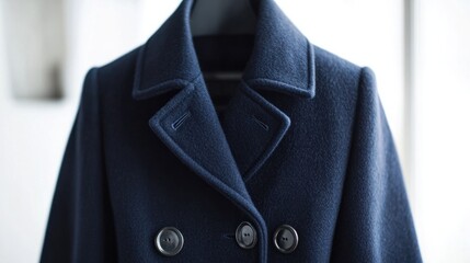 A classic navy blue women's pea coat, isolated on a bright white surface, showcasing timeless elegance in outerwear -