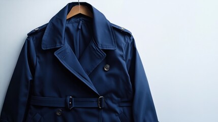 A classic women's trench coat in navy, isolated on a clean white surface, perfect for showcasing timeless elegance and style