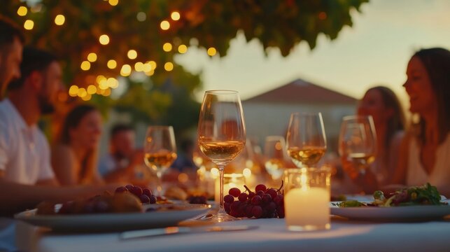 A warm gathering around a beautifully set table, surrounded by friends, laughter, and twinkling lights at sunset.