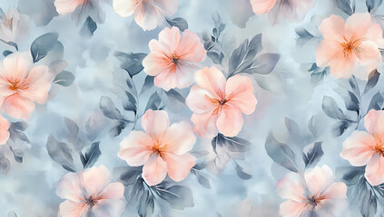 Soft Pastel Watercolor Flower Pattern on Aged Blue Background