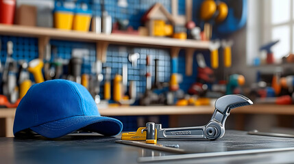 Adjustable Wrench and Blue Cap Sit Atop Workbench in Workshop