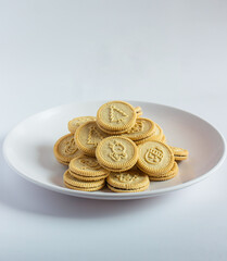 round cookies with various designs on them, including Christmas themed symbols like trees, snowmen, and other festive characters. vanilla or butter flavored sandwich cookies.