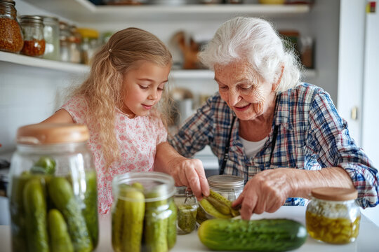 Grandmother and granddaughter are canning cucumbers together in their home kitchen