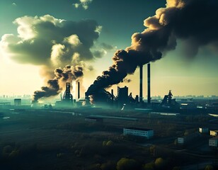 A haunting illustration of pollution, with dark smog swirling over a skyline, symbolizing the impact of industrial disasters on the environment