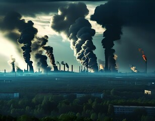 A haunting illustration of pollution, with dark smog swirling over a skyline, symbolizing the impact of industrial disasters on the environment