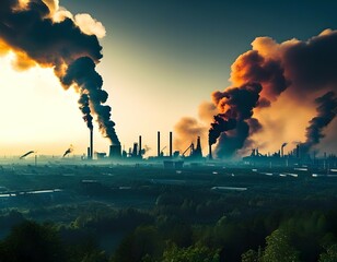 A haunting illustration of pollution, with dark smog swirling over a skyline, symbolizing the impact of industrial disasters on the environment
