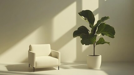 Minimalist interior with a chair and potted plant.
