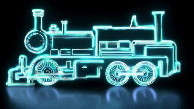 Steam locomotive 3D retro model  , bright neon lights on a black background. Generative AI
