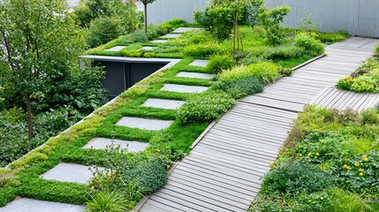 Fototapeta premium Eco-friendly urban design with green rooftops and walking paths, copy space for National Green City Day text, high-end magazine photography, deep depth of field, Product photography with high