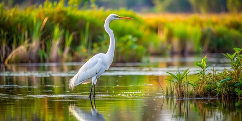 Obraz premium A graceful white bird with a long neck and a bright yellow beak stands in a shallow pool of water with green foliage in the background