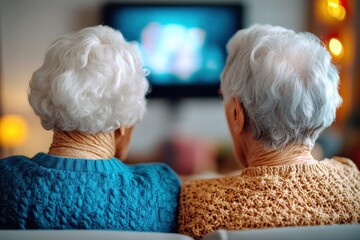 Nursing home residential activity concept. Elderly women enjoying time together while watching TV in a nursing home, cozy atmosphere, warm lighting.